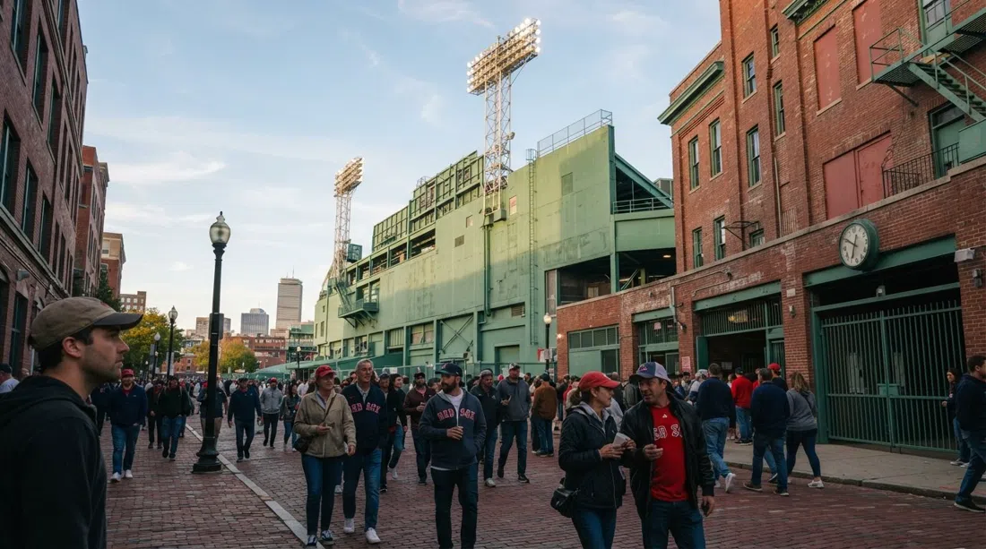 El Green Monster de Fenway Park elevándose sobre Jersey Street, la pared de ladrillo rojo y las torres de luz vistos desde la calle en la luz de la tarde
