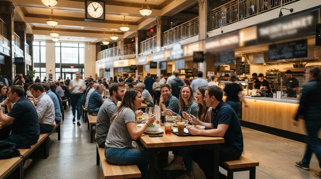 El interior Art Decó de Time Out Market Boston, con múltiples mostradores de comida, iluminación cálida y un comedor comunitario concurrido durante el almuerzo