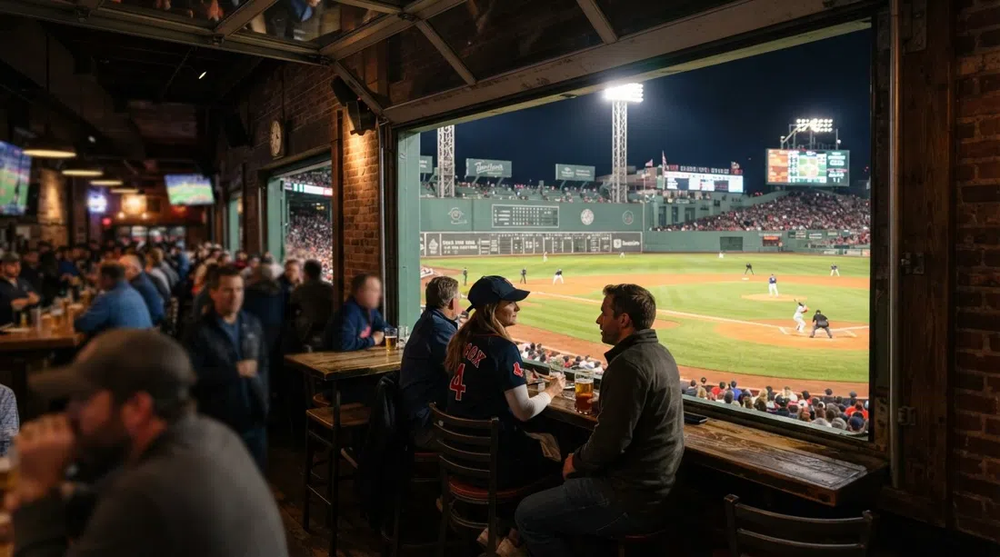 La ventana estilo garaje de Bleacher Bar en 82 Lansdowne Street con vista directa al diamante de Fenway Park, multitud nocturna adentro y luces del campo más allá