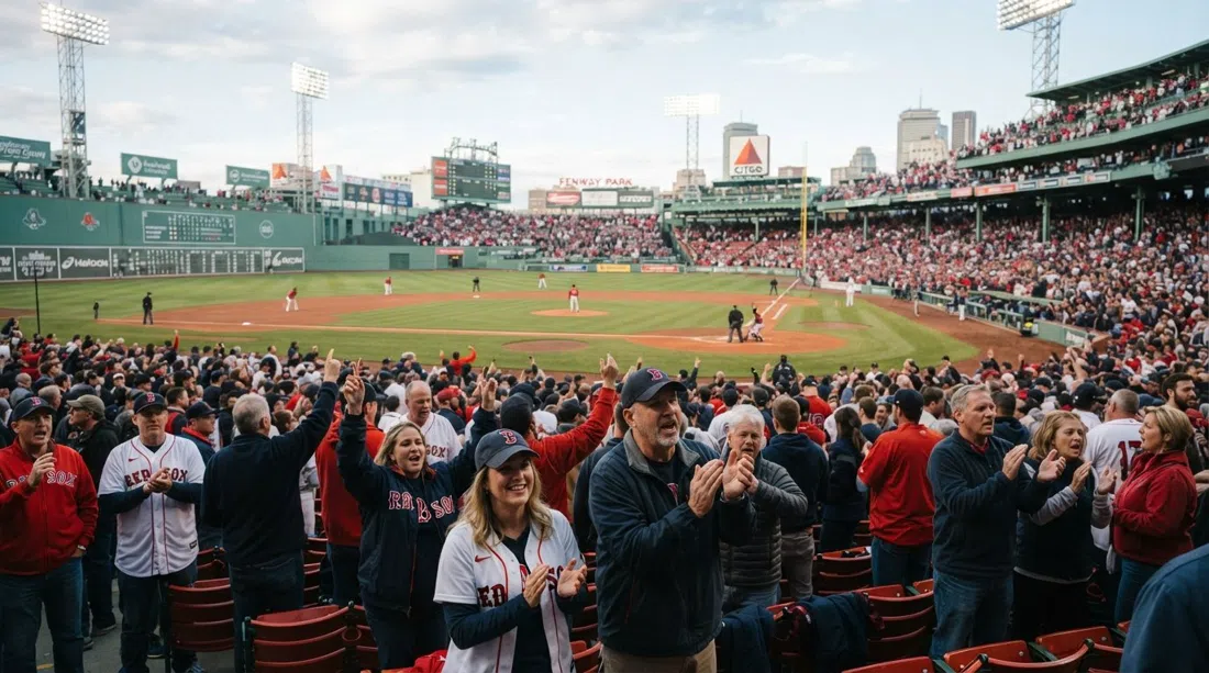 Aficionados dentro de Fenway Park durante un partido de los Red Sox, el Green Monster a la vista y la multitud levantándose junta para el cántico del octavo inning