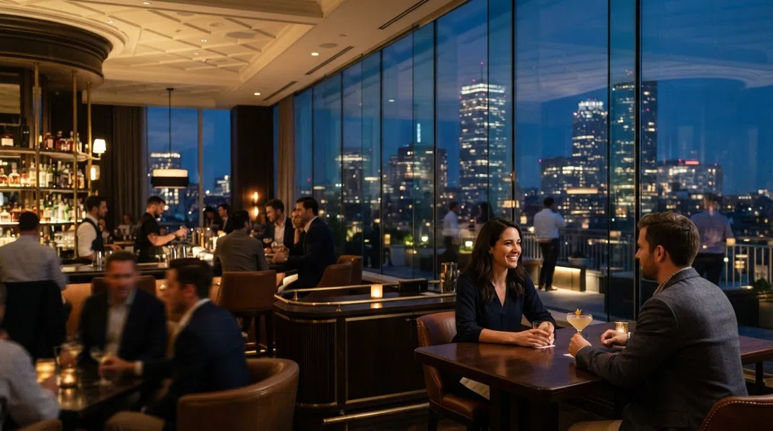 Raffles Boston의 17층 Long Bar & Terrace. 유리 너머로 저녁 도시 불빛과 스카이라인 테라스가 보인다