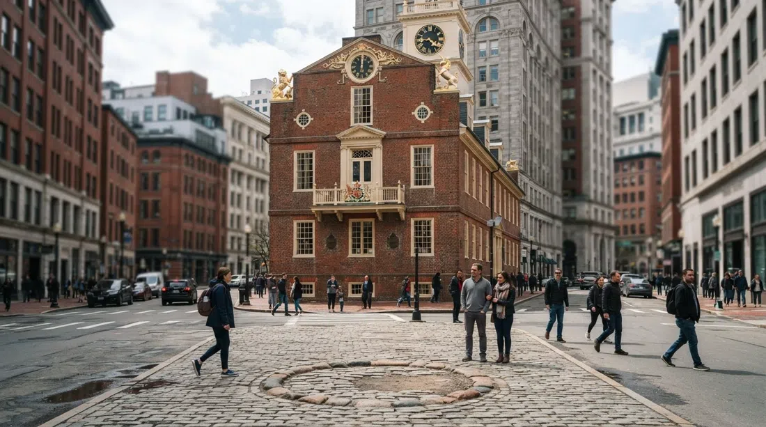 el Old State House en Washington y State, su fachada de ladrillo de 1713 en una isla de tráfico con los adoquines de la Masacre de Boston visibles bajo el balcón a la luz del día