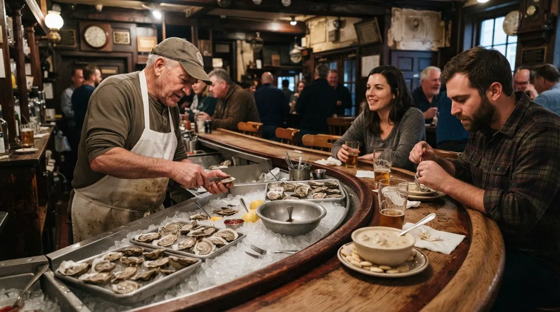 la barra de ostras en la planta baja de Union Oyster House en Union Street, con ostras sobre hielo, un tazón de sopa de almejas y el ambiente compacto y antiguo bajo una cálida luz interior