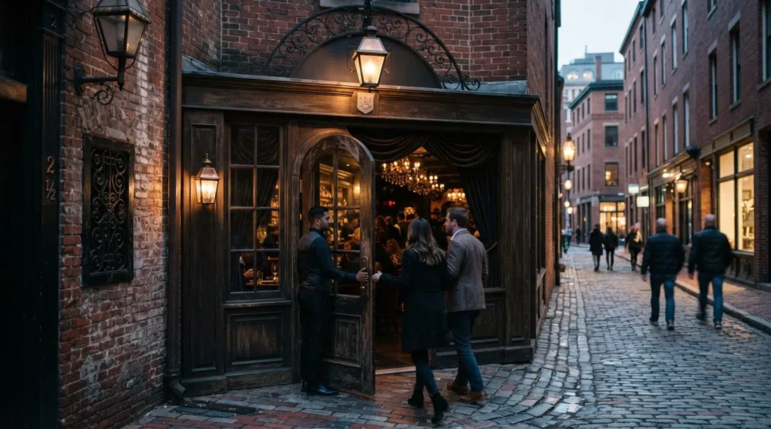 la entrada oculta de Yvonne's en el 2 de Winter Place, con la falsa puerta de salón abriéndose a un club de cena iluminado en terciopelo al atardecer