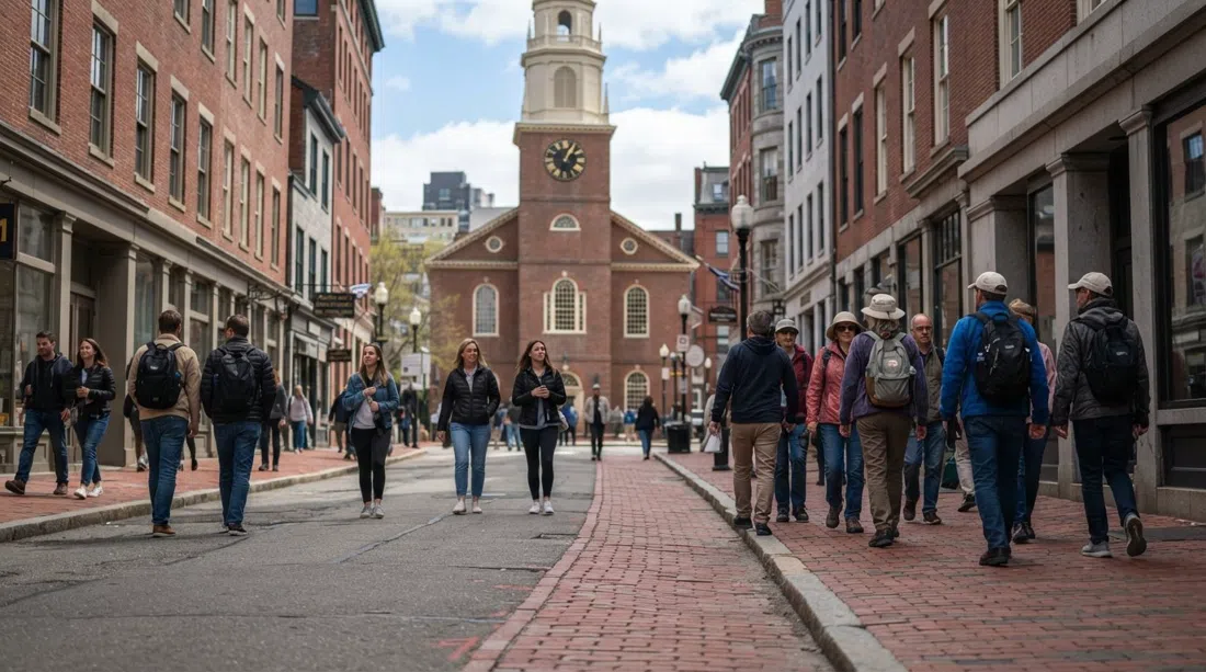 la línea de ladrillos rojos del Freedom Trail recorriendo Washington Street hacia el Old South Meeting House, con peatones y grupos turísticos moviéndose por el corredor histórico