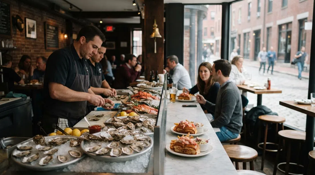 la barra de crudos de Neptune Oyster en Salem Street, langosta y ostras enmarcadas por un pequeño comedor de 37 asientos con luz suave