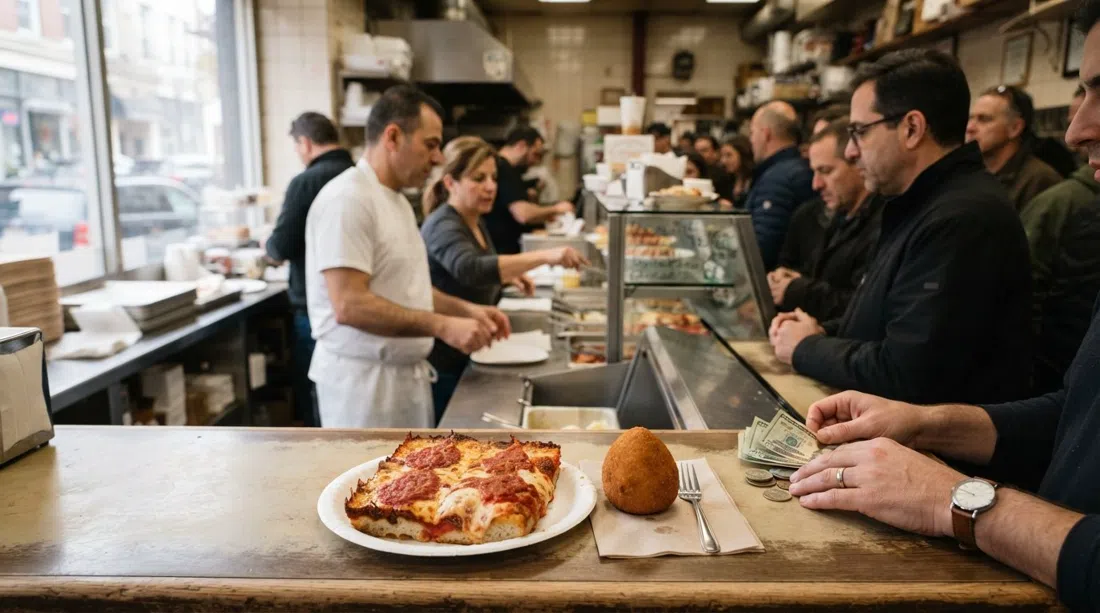 un slice siciliano grueso y arancini en Galleria Umberto en Hanover Street, escena de mostrador de almuerzo con practicidad de solo efectivo y luz de media mañana