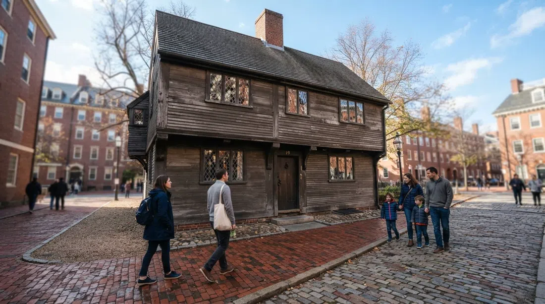 Paul Revere House en North Square, fachada baja de madera y museo de patio a plena luz del día, enmarcada por pavimento de ladrillo
