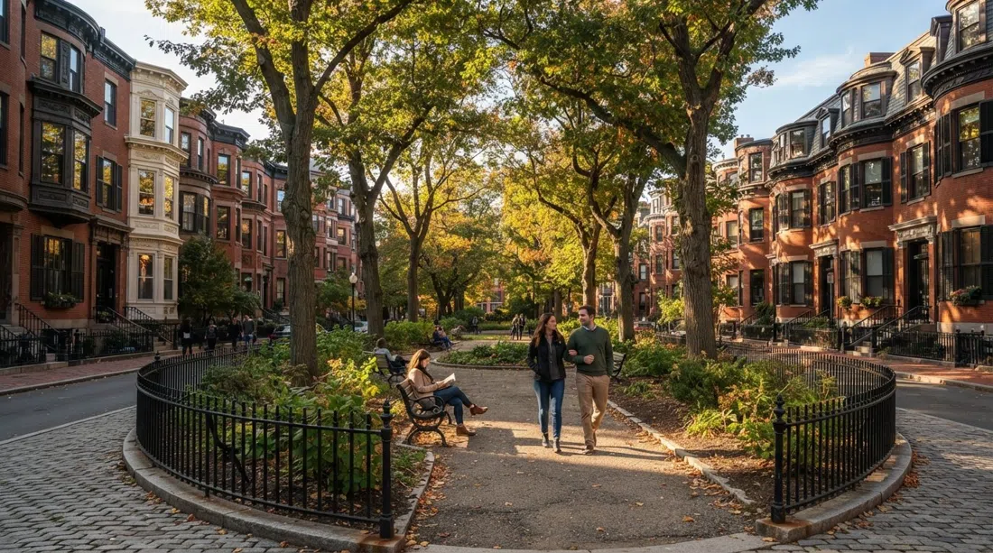Union Park en el South End de Boston al atardecer, un jardín cuadrado elíptico rodeado de casas adosadas victorianas a juego, barandillas de hierro y árboles frondosos