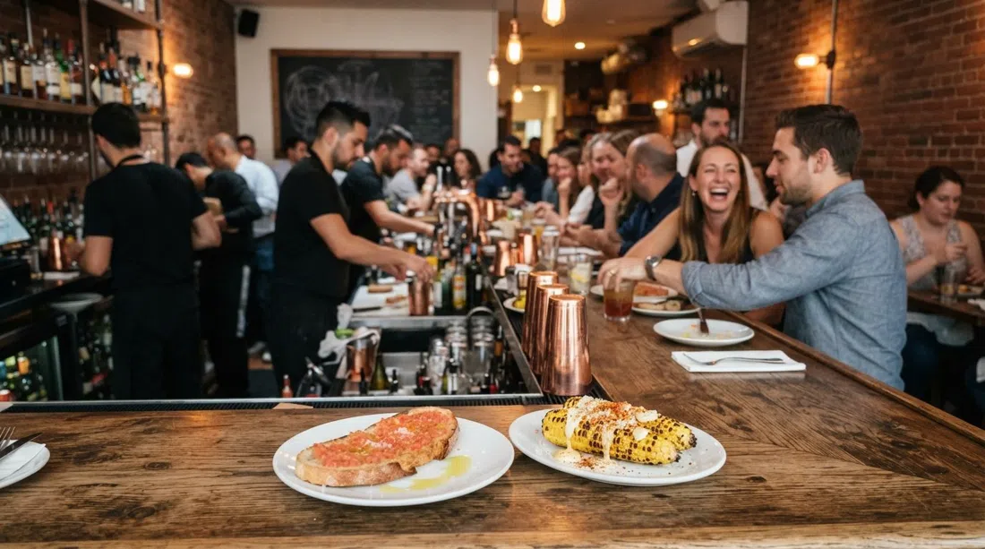 Toro en Washington Street en el South End de Boston, un animado salón de tapas con comensales reunidos en la barra y un plato de pan con tomate y maíz asado a la parrilla en primer plano