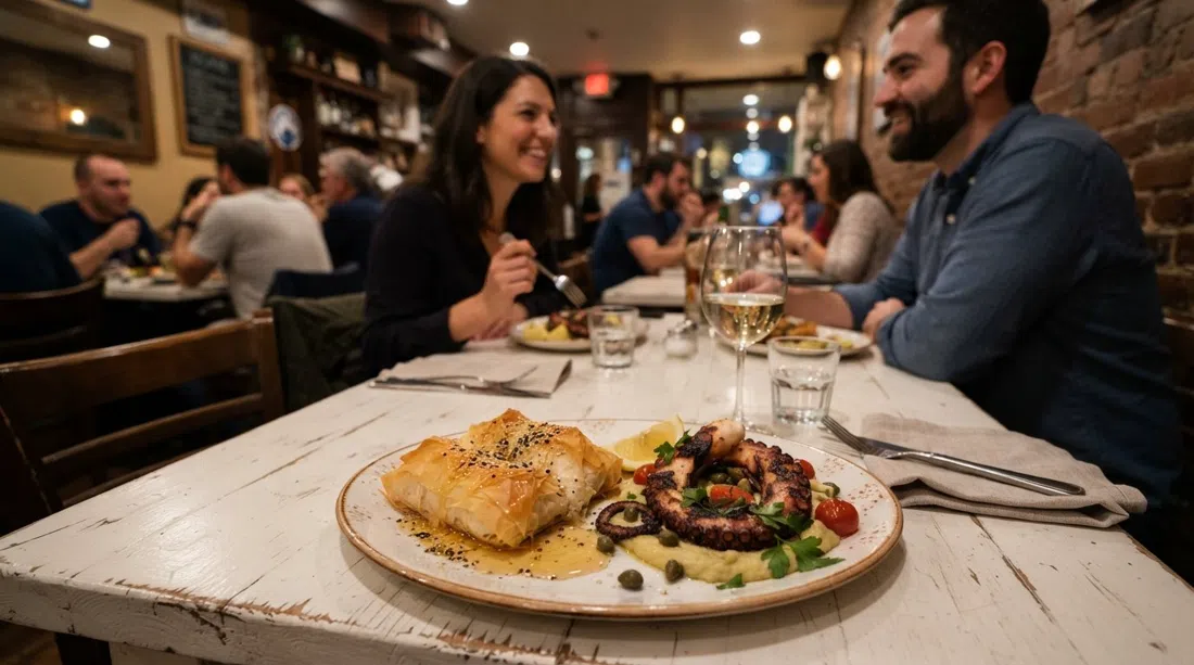 un plato de feta envuelto en filo y pulpo carbonizado en Kava Neo-Taverna en el South End, iluminado cálidamente sobre una mesa blanca sencilla