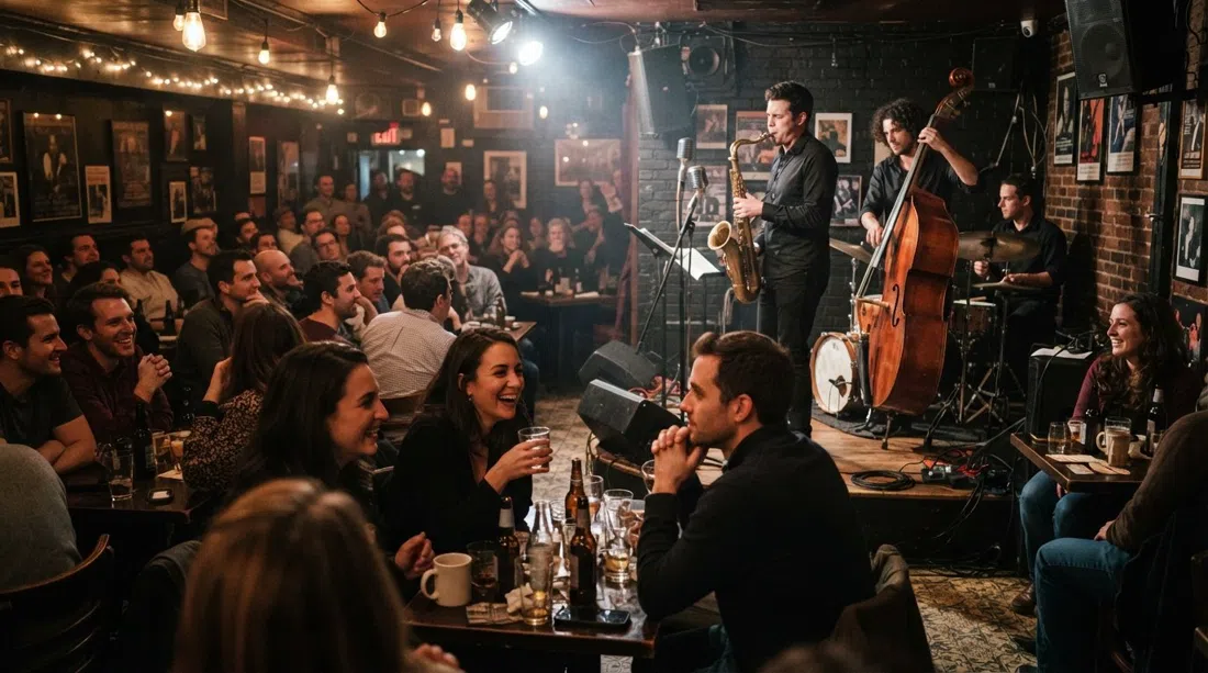 Wally’s Café en Massachusetts Avenue en el South End, un pequeño club de jazz con músicos tocando y un público cercano en mesas bajo luces cálidas
