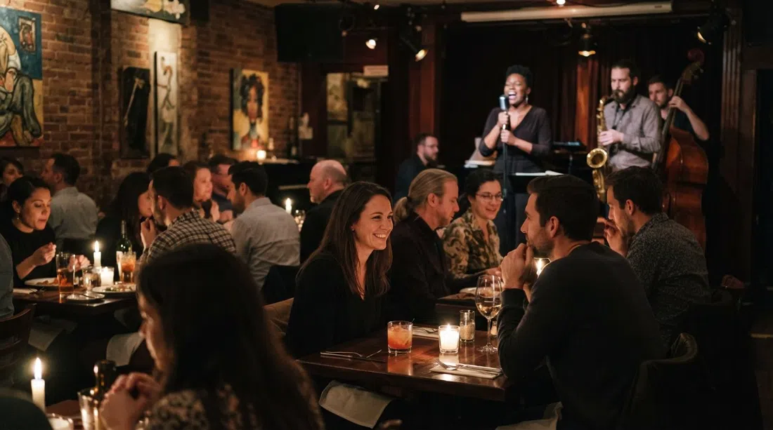 The Beehive en Tremont en el South End de Boston, un comedor bohemio con un pequeño escenario, mesas iluminadas con velas y una actuación de jazz en vivo