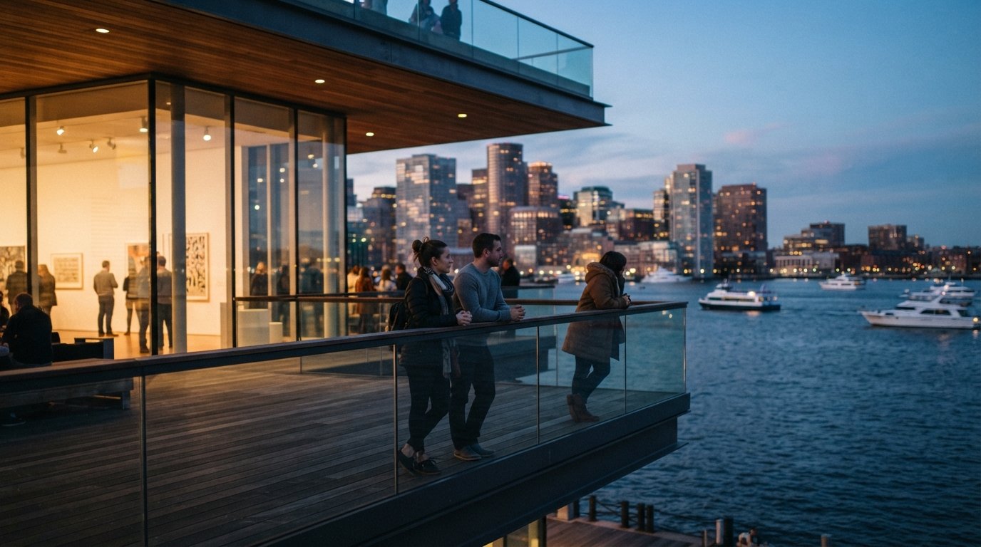 the ICA’s waterside terrace and glass-walled gallery overlooking the harbour, with evening light on the water and a few visitors leaning on the rail